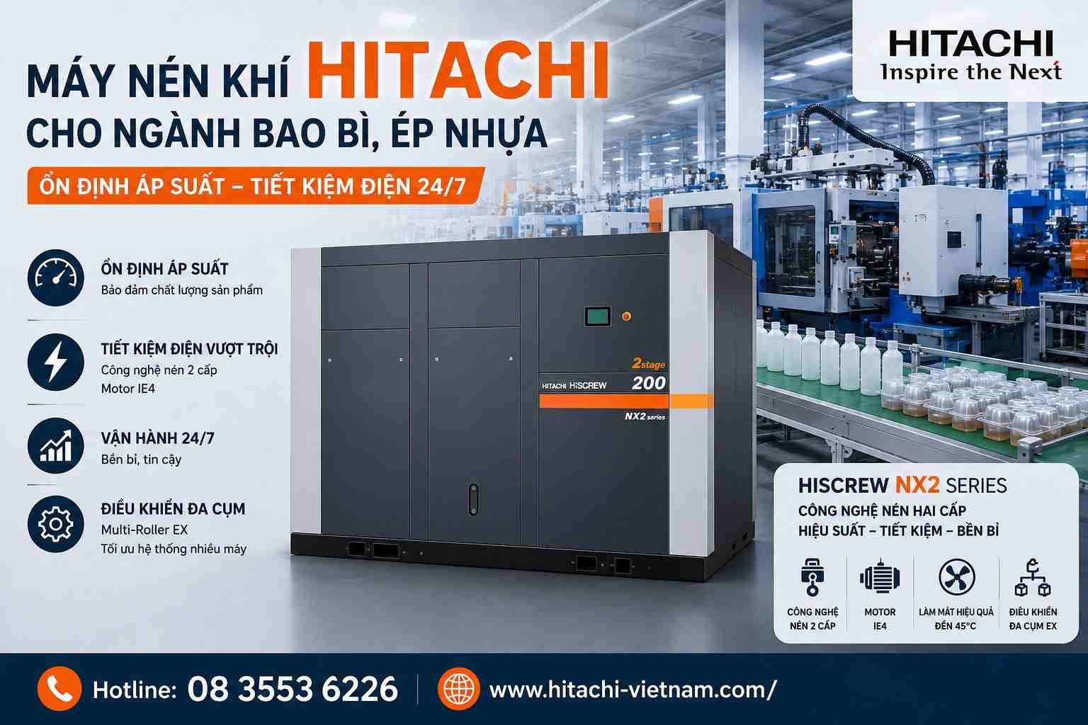 Máy Nén Khí Hitachi HISCREW NX2 công nghệ nén hai cấp cho nhà máy ép nhựa