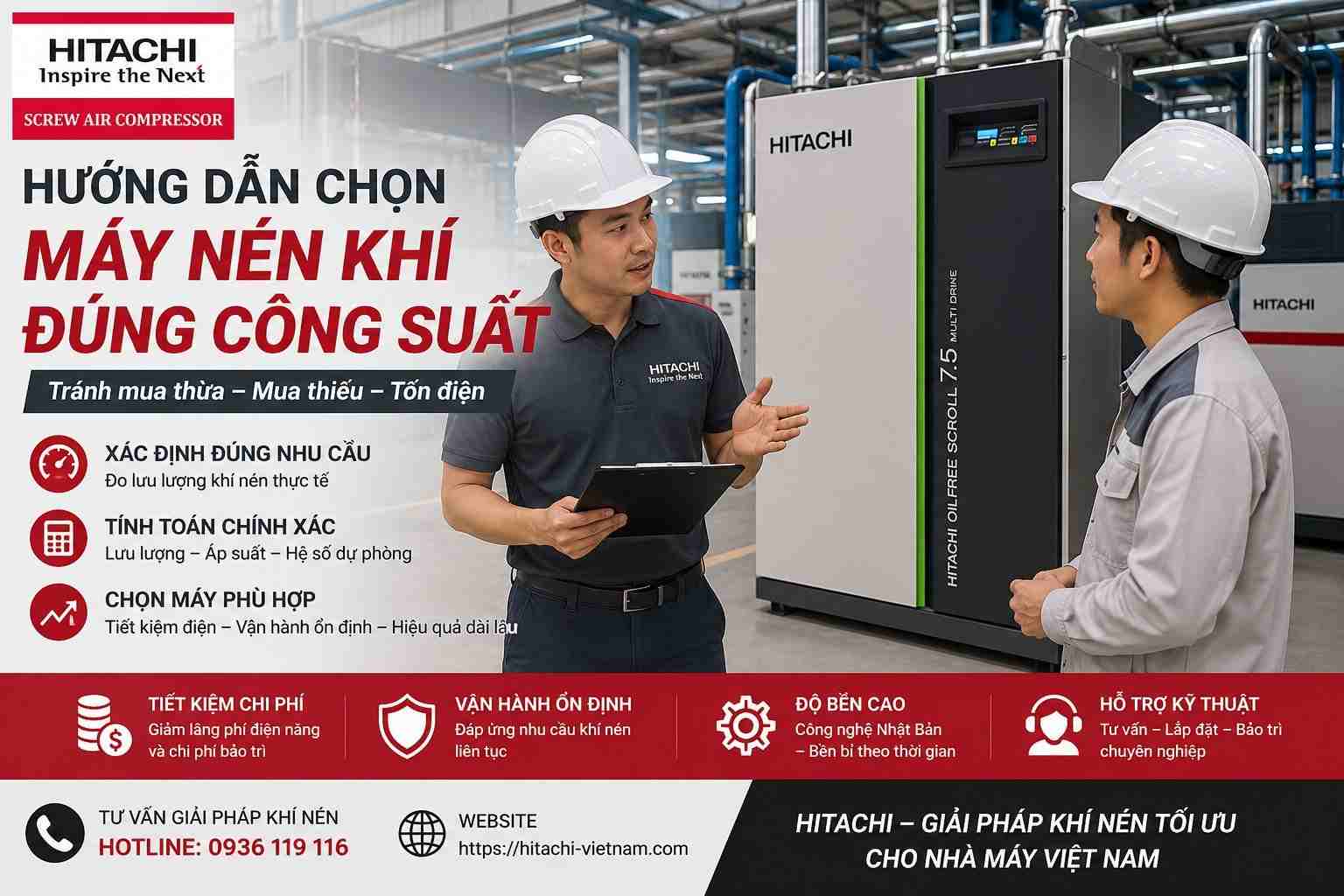 Chọn m&aacute;y n&eacute;n kh&iacute; đ&uacute;ng c&ocirc;ng suất cho nh&agrave; m&aacute;y với m&aacute;y n&eacute;n kh&iacute; Hitachi